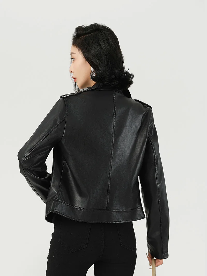 Chaqueta negra de cuero PU para mujer, abrigo ajustado de manga larga con cremallera para motocicleta, prendas de vestir exteriores de piel sintética para primavera y otoño