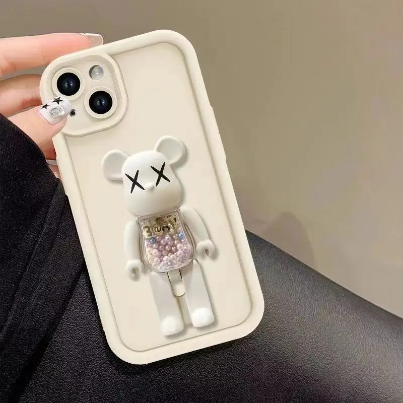 Cute 3D Bear Bracket TPU Phone Case for iPhone 16 15 14 13 12 11 Pro Max XR XS X 8 7 Plus Silicone Shockproof Matte Cover image 3
