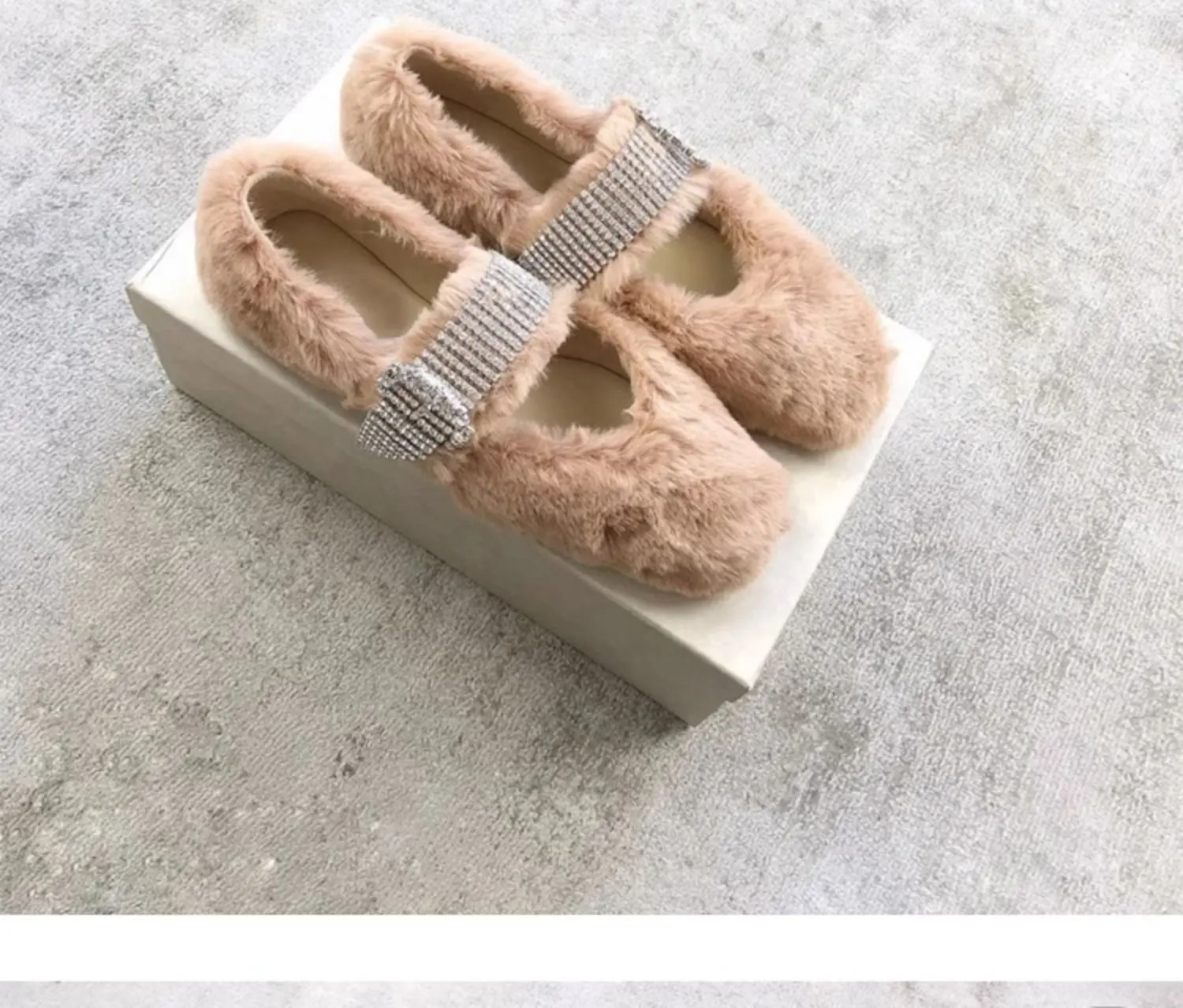 Bling Bling Crystal Sweety Warm Fur Mary Janes Flats Casual Shoes Woman Square Toe Slip-on Comfortable Outdoor Footwear 2024 New