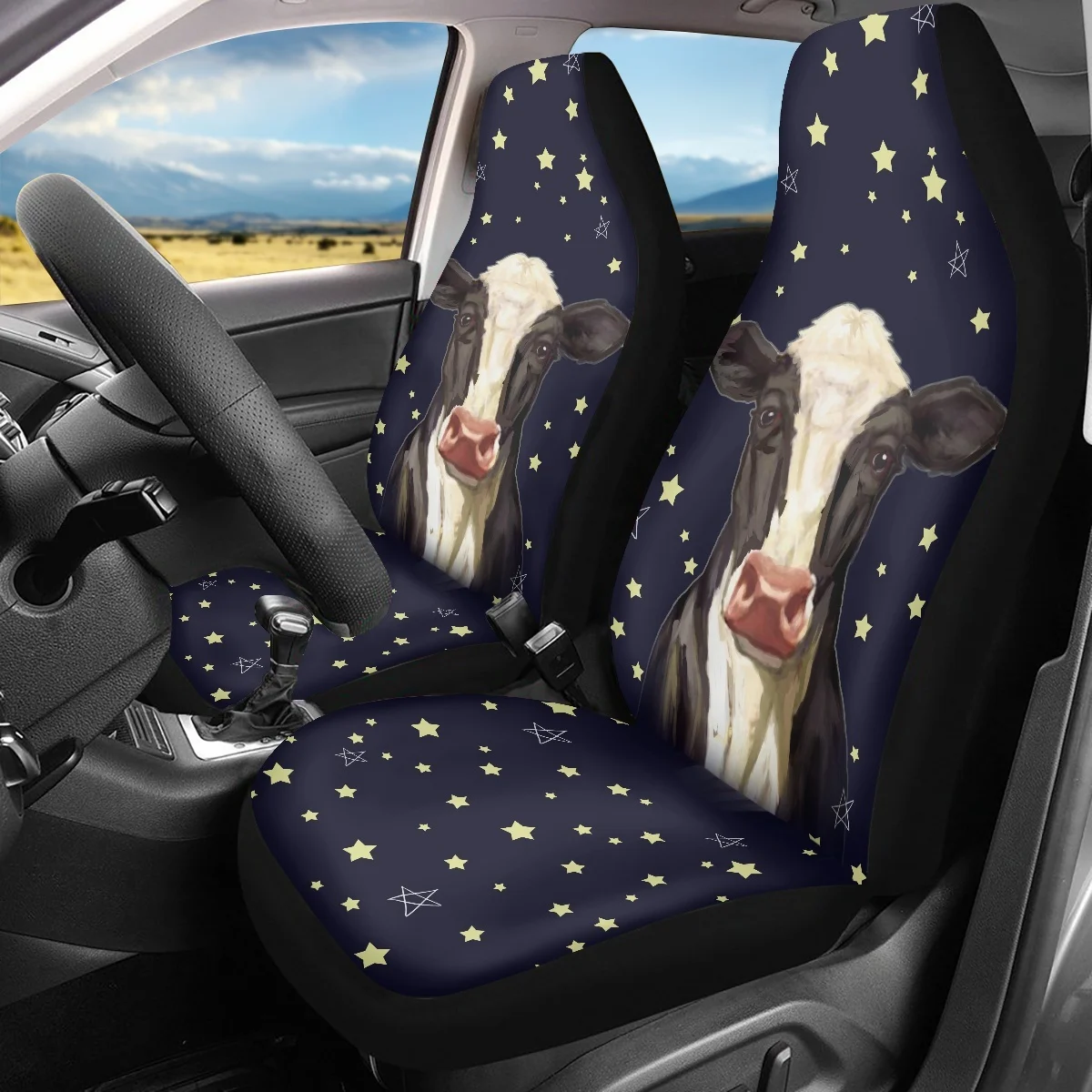 Kawaii Cow Pentagram Pattern Car Seat Covers Set for Woman Men Brand Design Interesting Anti-dirt Protector Auto Decor Fashion