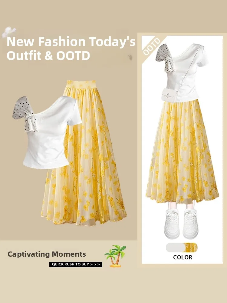 

Korean Sle ort Sve T-irt And f Skirt Two-Piece Set with Polka Dot Design And Side oulder Bow for Young Women