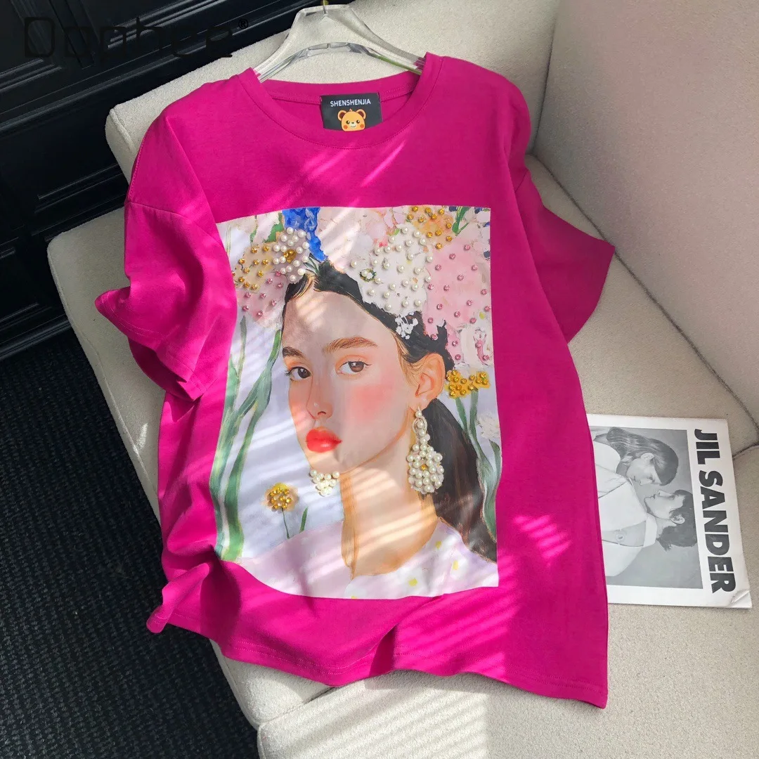 

2025 Spring Summer New Round Neck Heavy Beaded Print Elegant Women's Short Sleeve T-Shirt Casual Fashion Loose Kawaii Clothes
