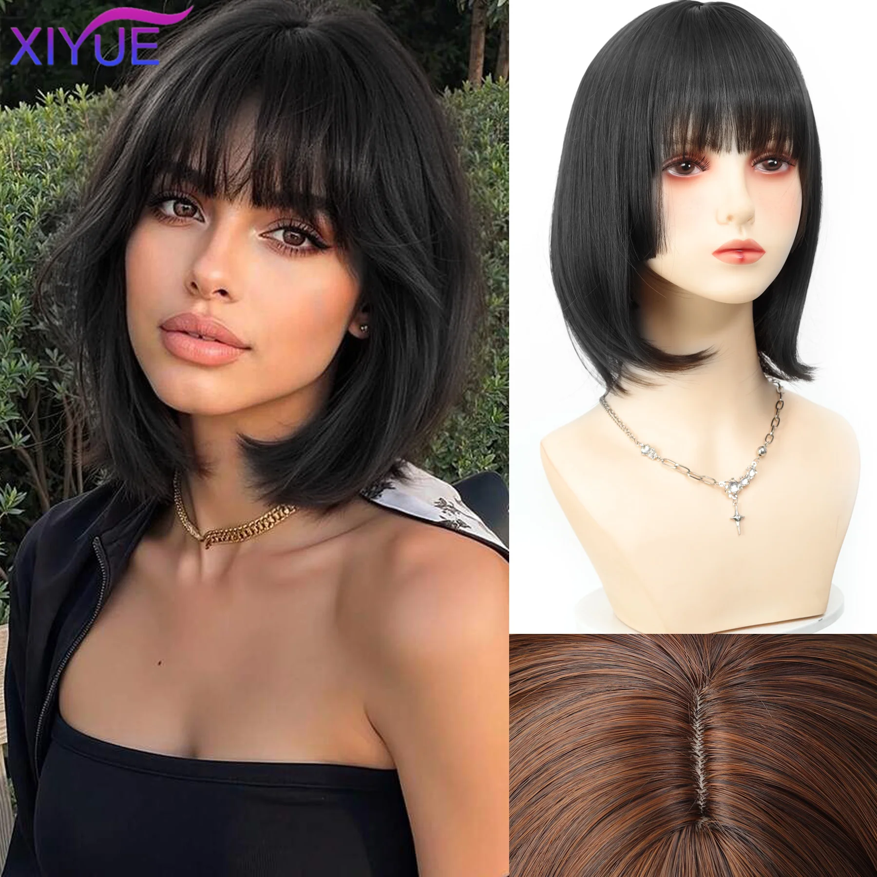 

synthetic Black Short Bob Wig for Girl Daily Wear Synthetic Wig New Style Natural Supple Summer Heatresistant Wig With Bangs