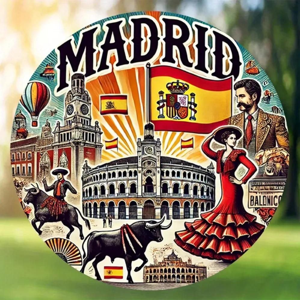 "علامة معدنية مسطحة 2D عتيقة من MADRID: ديكور دائري قابل لإعادة الاستخدام مقاس 8 بوصات - وليمة مرئية لثقافة مدينة مدريد وجذب سياحي | #5