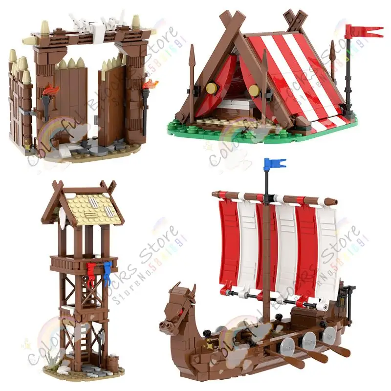 Medieval Military Viking Architecture MOC Building Blocks DIY Gate Tent Watchtower Warships Models Assembly Bricks Toys For Kids