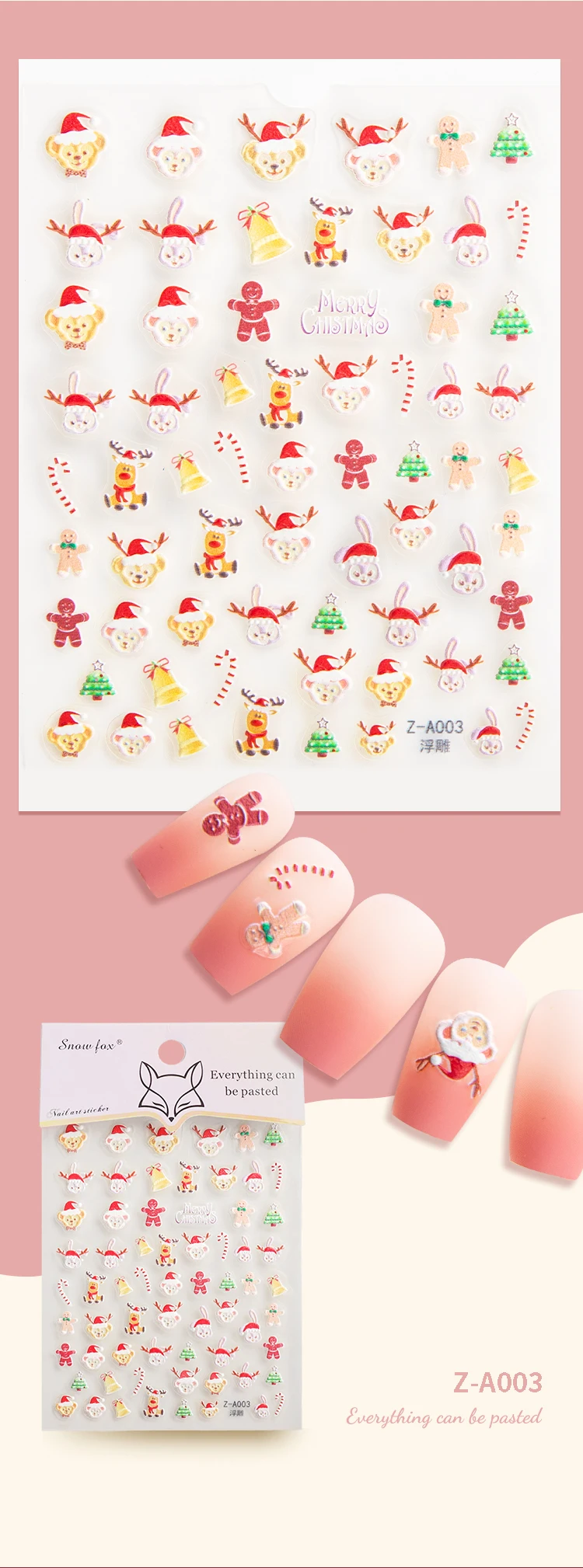 1PCS Cute Cartoon Pink Santa Claus Nail Sticker 3D Christmas Animal Adhesive Decal Winter Snowflake Slider Manicure Decoration