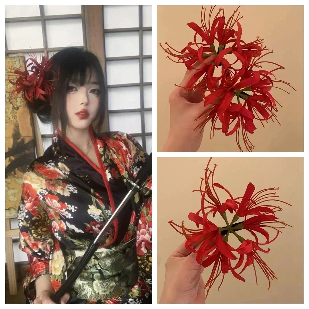 Japanese Kimono Fabric Flower Red Magic Lily Hair Accessories Clip Y2K Lolita Headwear Headdress Barrette Yukata Festvial Deco