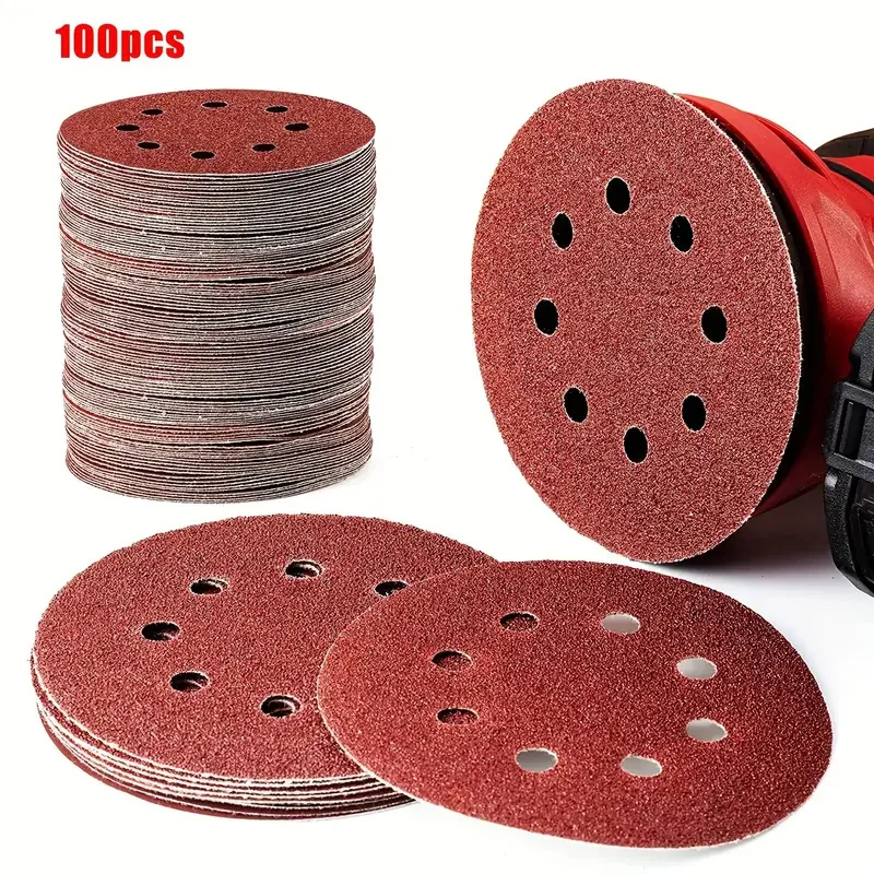 100Pcs 125mm 8 Hole Sanding Discs Hook Loop Adhesive Sandpaper 60Grit-1000Grit Sanding Paper 5Inch Sanding Disc Polishing Tools