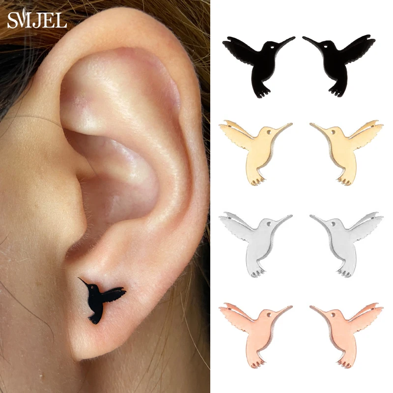 SMJEL Unique Animal Stainless Steel Earrings Small Flying Bird Pendant Hummingbird Necklace for Women Jewelry Personality Gifts