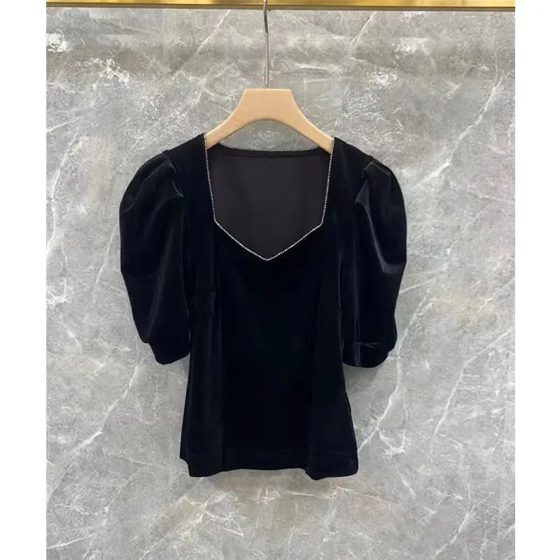 French Heavy Industry Diamond-inlaid Gold Velvet Puff Sleeve T-shirt Women's Short-sleeved Design Niche Square Collar Top