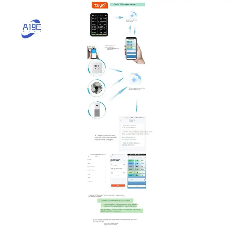 

A19E-1Set Tuya Smart Wi-Fi датчик CO2 TVOC CO2 газовый CH2O измеритель температуры и влажности многофункциональный, черный