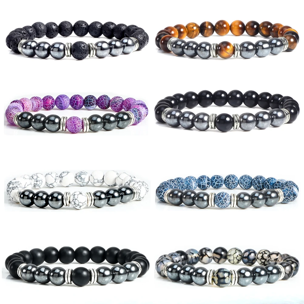 Classic Hematite Black Obsidian Stone Beaded Bracelets Men 8mm Natural Lava Tiger Eyes Stone Bracelet Women Reiki Energy Jewelry
