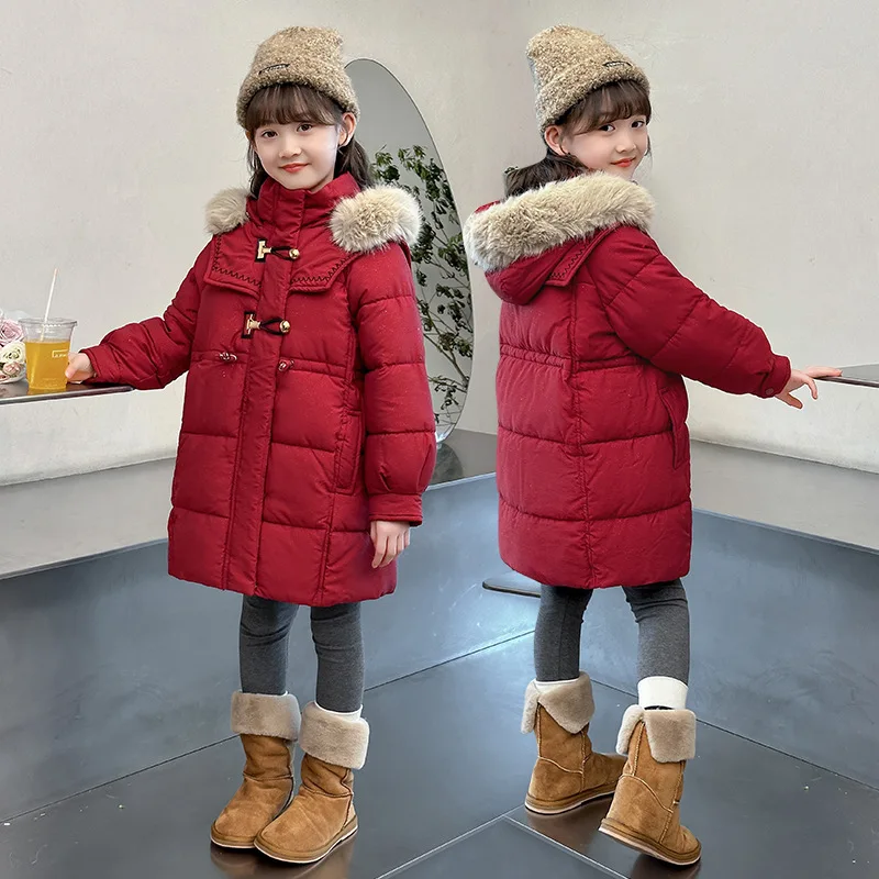 Jaqueta monocromática feminina com capuz, casacos para baixo infantil, casaco acolchoado infantil, roupa longa, parkas impermeáveis, inverno, 2024