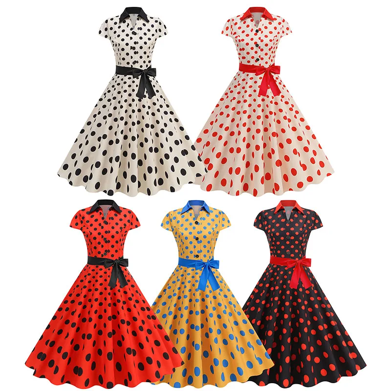 Elegant Vintage 1950s Women Summer Dress Polka Dot Print Turn-Down Collar Party Sundress with Belt