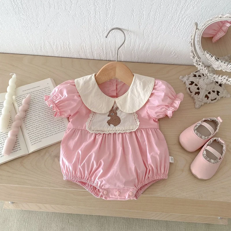 

Korea Style Baby Girl Romper 0-2Years Newborn Princess Short Sleeve Peter Pan Collar Rabbit Bodysuit One-Pieces Summer Clothes