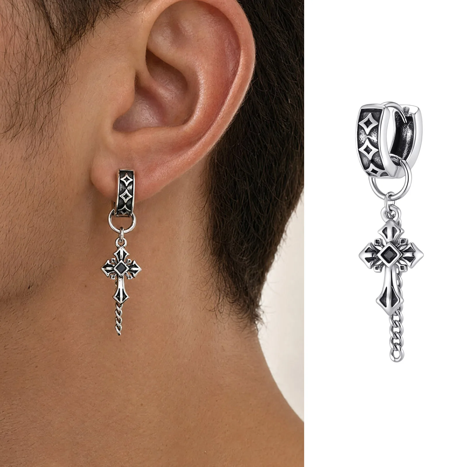 Gothic Black Zircon Cross Drop Earrings for Men,Vintage Punk Tassels Cross Ear Stud Piercing Earrings,Male Earrings Jewelry