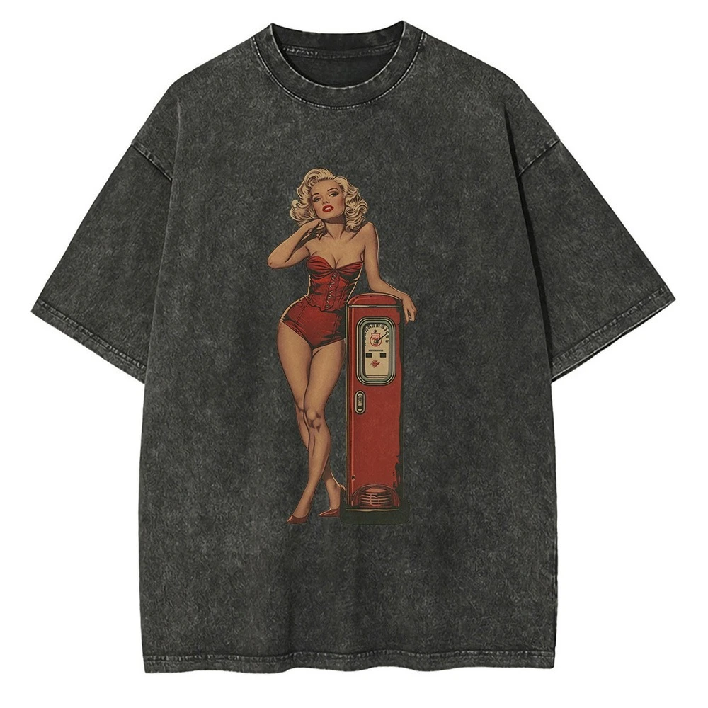 

Heavyweight Cotton Distressed Washed T Shirts Monroe Posing At A Gas Station Comic Graphic T-shirts Vintage Oversized Tee Shirt