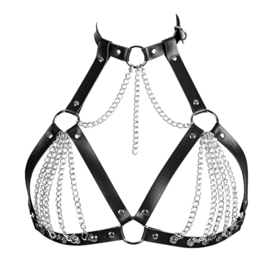 

BAQOEYII Leather Bra CageStyle Shoulder Strap, Punk Layered Chest Chain, Punk Black Leather Chest Harness Body Waist Chain Belt