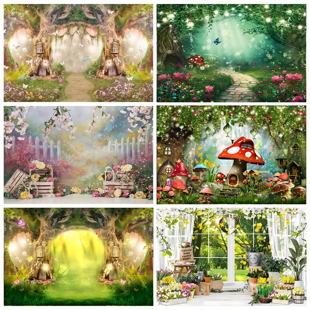 Dreamy Fairytale Garden Backdrop Spring Forest Woodland Tree Hole Baby Shower Birthday Party Portrait Photography Background