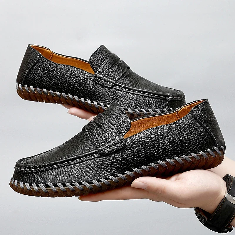 Sapatos casuais de couro genuíno masculino, de sola macia, antiderrapante, de sola plana, de escorregar, ao ar livre, verão