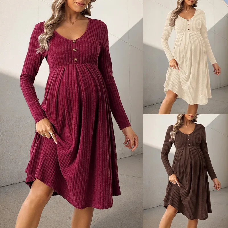 Autumn Winter V-neck Half-button Maternity Dresses Long Sleeve High Waist A-line Flared Midi Dress Pregnancy Clothes