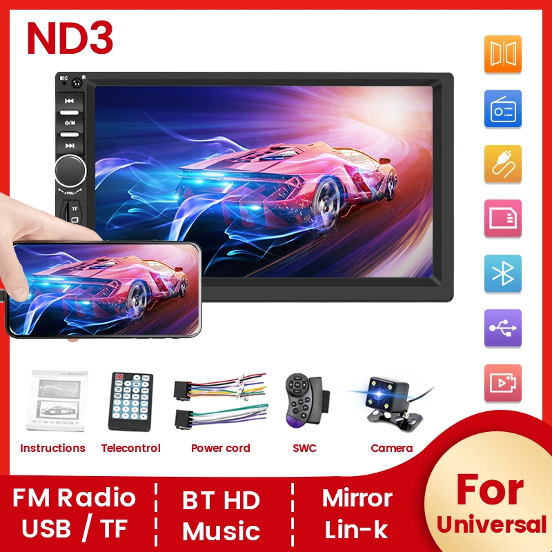 

MEKEDE 2Din 7 Inch Universal Dual Car Audio Radio MP5 Player Touch Screen Stereo Mirror Link/AUX/BT/SWC/FM/USB/TF Card/RCA/1080P
