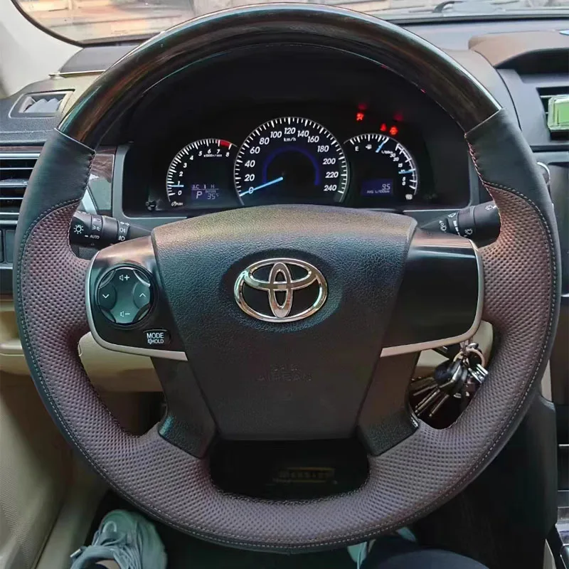 For Toyota Camry 2012-2016 Car accessories DIY Hand Stitched black Genuine Leather Peach wood grain Car Steering Wheel Cover