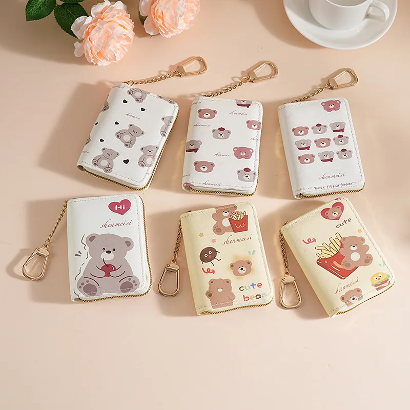 Cute Bear PU Leather Card Holder Women Short Wallet Zipper Card Case with Keychain Multi-Card Credit Card ID Organizer for Girls