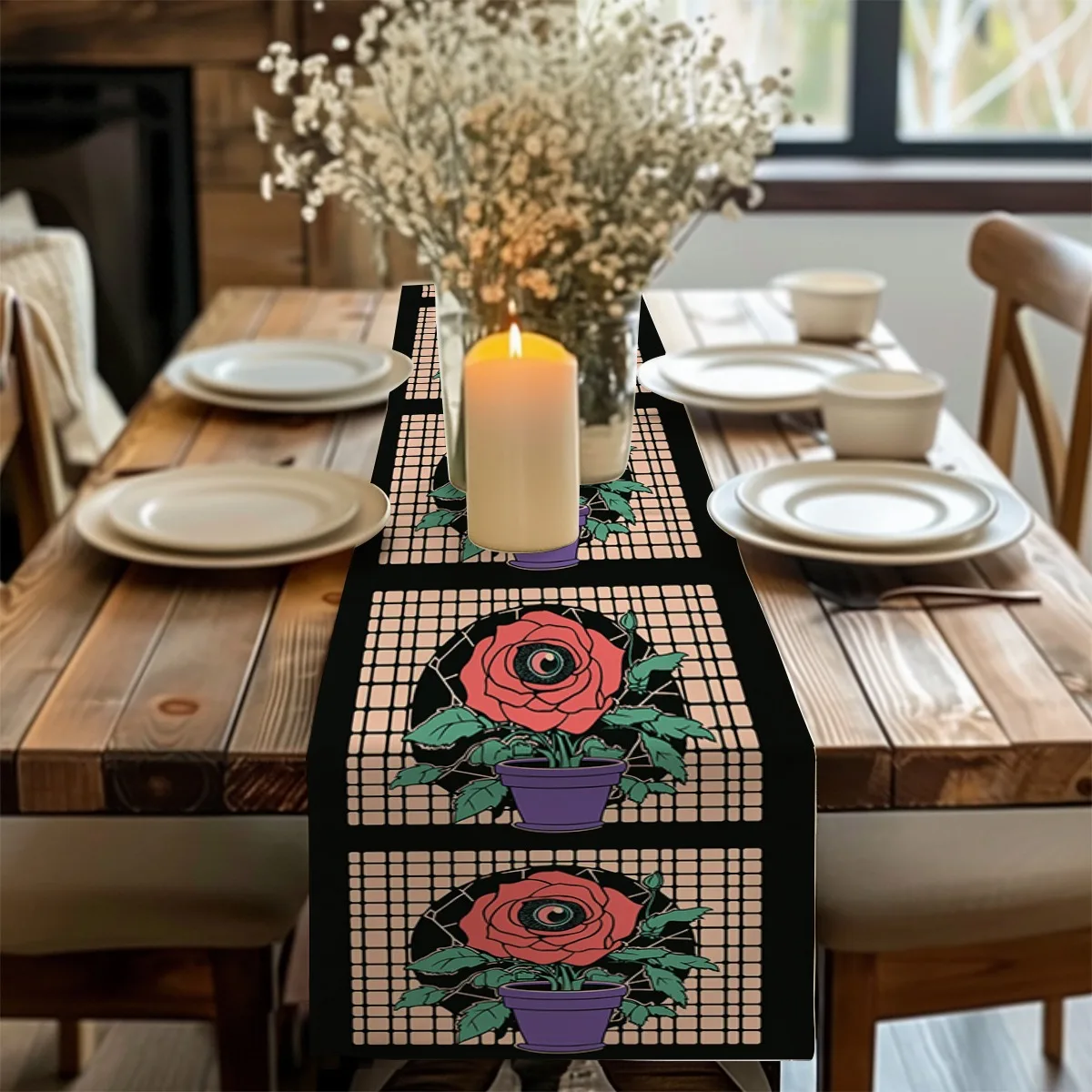 

Украшение дорожки для стола Eye Rose Vintage Plant Pot Print Длинная ткань Праздничный декор для столовой и гостиной, кухонный и журнальный столик De