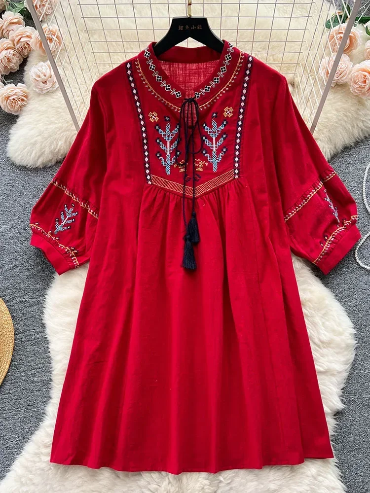 Women Summer Dress New Casual Embroidered Bubble Sleeves Ethnic Style Loose and Slim Foreigner Style Short Dress D4569