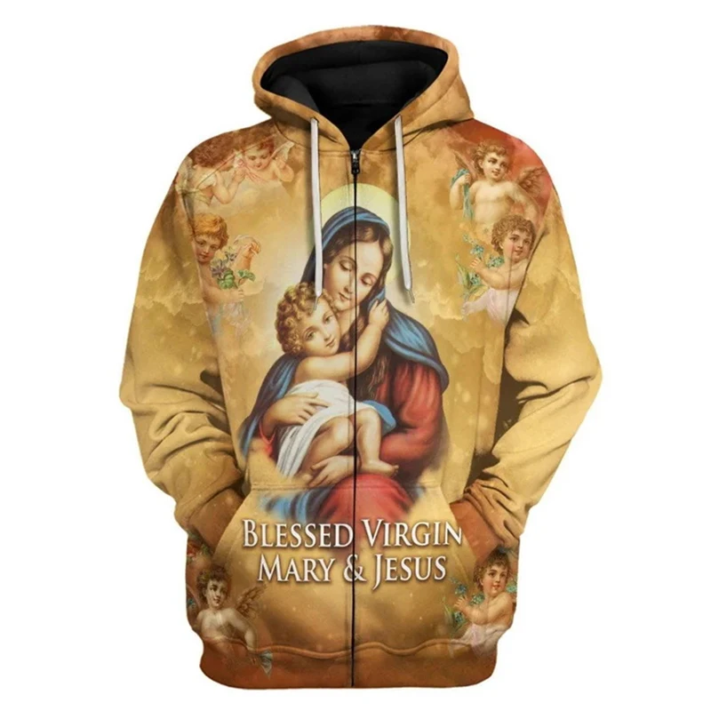 Jesus Saints Virgin Mary Pattern 3D Print Zipper Hoodies Men's Fashion Hooded Sweatshirts Oversized Tracksuit Man Coats Clothing