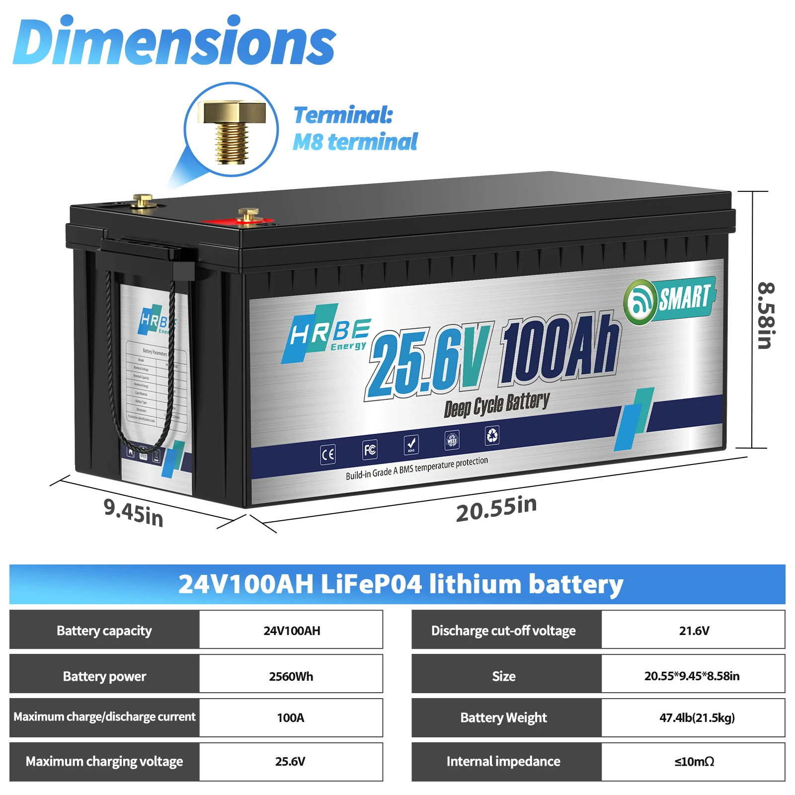 HRBEEnergy 24V 100AH Bluetooth LifePo4 Lithium Battery With BMS with Low Temperature Protection for Off-Grid,Home Power System