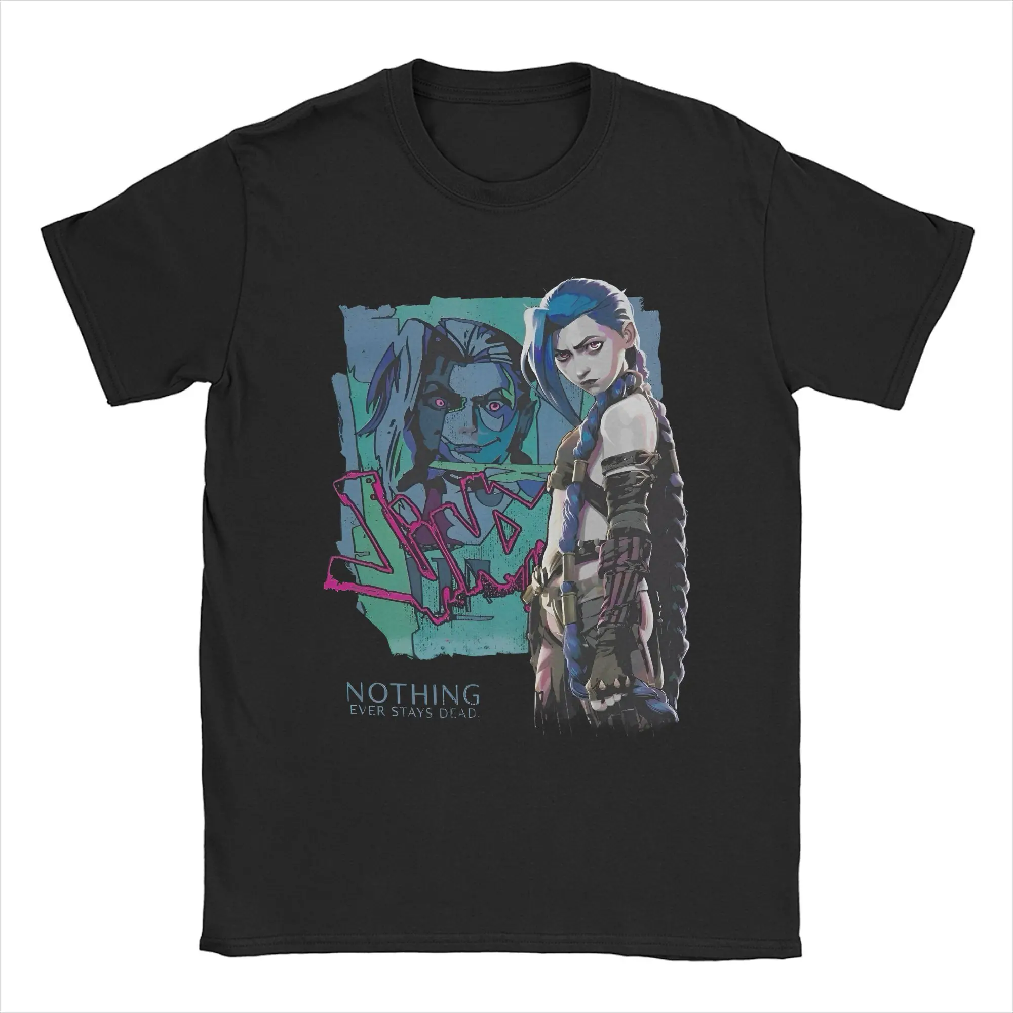 

Men's T-Shirt Arcane Season 2 Jinx Fishbones Awesome Cotton Tees Short Sleeve Anime Game T Shirts Round Collar Clothing Big Size