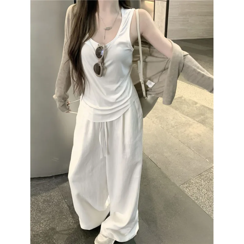 

Summer White Camisole Vest Sunscreen Cardigan Top Casual Wide Leg Pants Three Piece Set