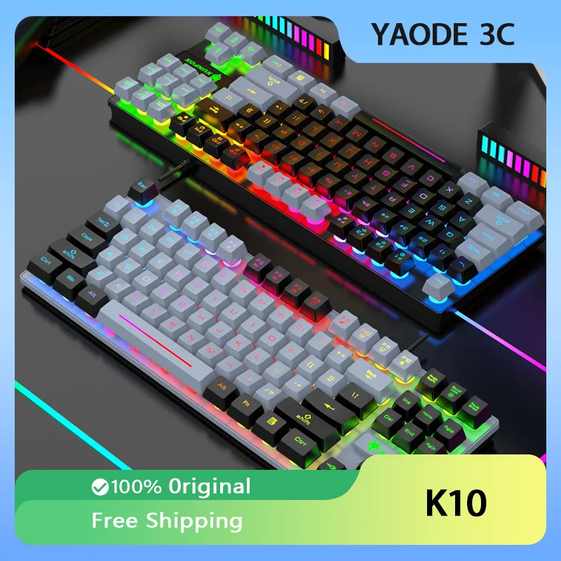 K10 87 Keys LED Luminous Keyboard Esports Game Mechanical Touch USB Wired Rainbow Backlight Dual Color PC Accessories