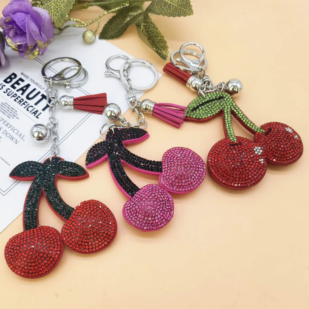 Cherry Strawberry fruit Cute Crystal Rhinestone Charm Pendant Purse Handbag Car Key Keyring Keychain Party Birthday Gift