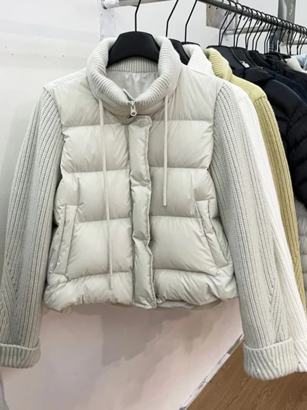 

Stylish Versatile Knitted Collar Patchwork Sleeve Cotton Jacket Women's Winter New Korean Fashion Casual Commute Outerwear