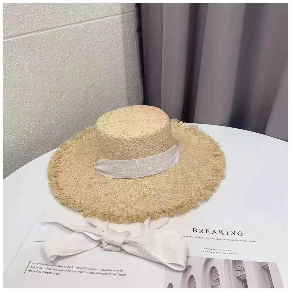 Mode handgemachte 100% natürliche Bast Dame Top große Krempe Strohhut Strand Mädchen Urlaub Panama Sonnencreme atmungsaktive Sonnenhut Großhandel – Detail 40