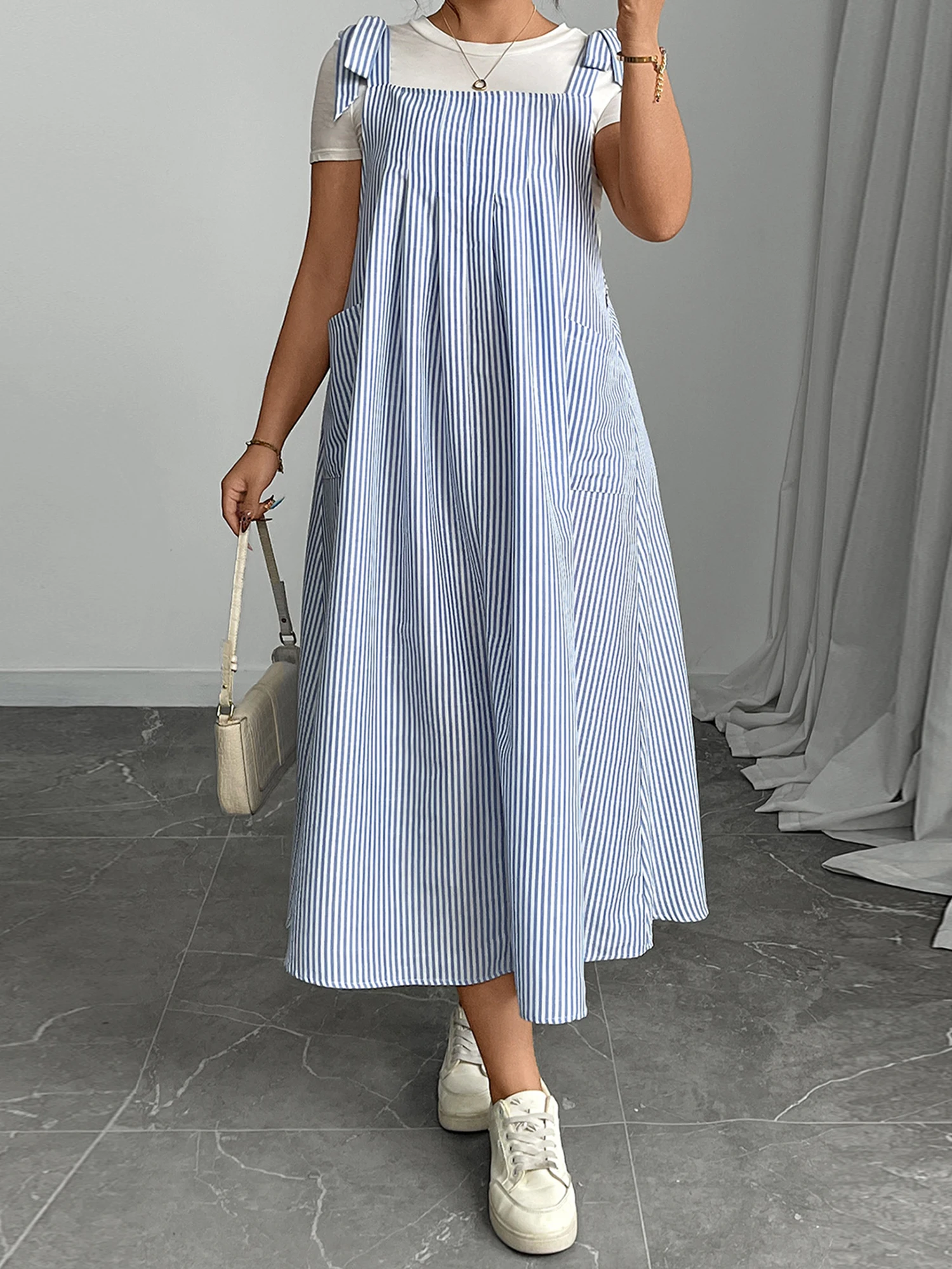 

Women s Casual Sleeveless Striped Overall Dress with Adjustable Tie Shoulder Straps in Plus Size for Spring and Summer