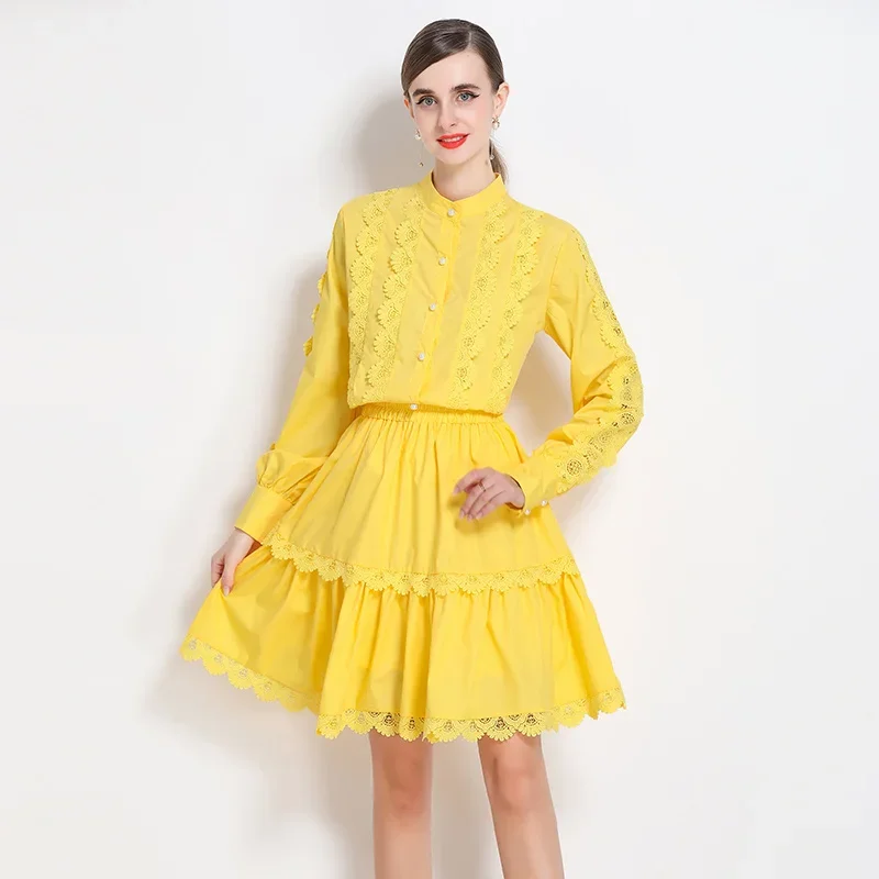 Greenora Autumn Runway 2 Pieces Sets Women's Long Sleeve Single Breasted Shirts + High Waist Mini Skirts Hollow Out Embroidery O
