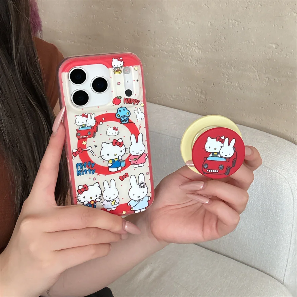 

Kawaii Rabbit Hellokitty With Magsafe Stand Protective Case for iPhone 17 Pro Max 16 pro 15 14 13 Cover Cute Cartoon Phone Cases