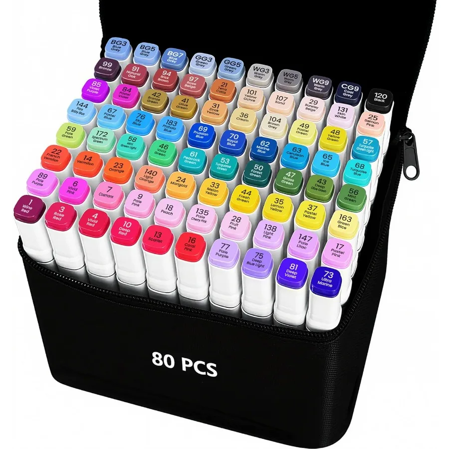 علامات كحول VIBEX 80 لونًا - علامات فنية دائمة ذات طرف مزدوج مع قاعدة منظمة لرسم تلوين الرسوم المتحركة النابضة بالحياة مثالية f