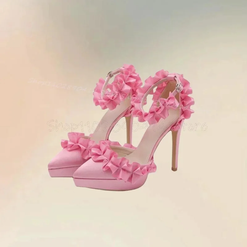 Pink Pleated Ruffles Round Toe Platform Pumps Ankle Buckle Strap Women Shoes Thin High Heels Banquet 2026 Zapatos Para Mujere