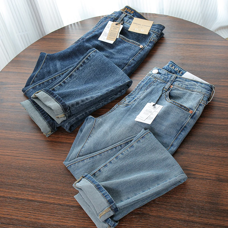 

Экологичные мужские повседневные джинсы прямого кроя из ткани с эффектом потертости, удобные, эластичные, для весны и осени