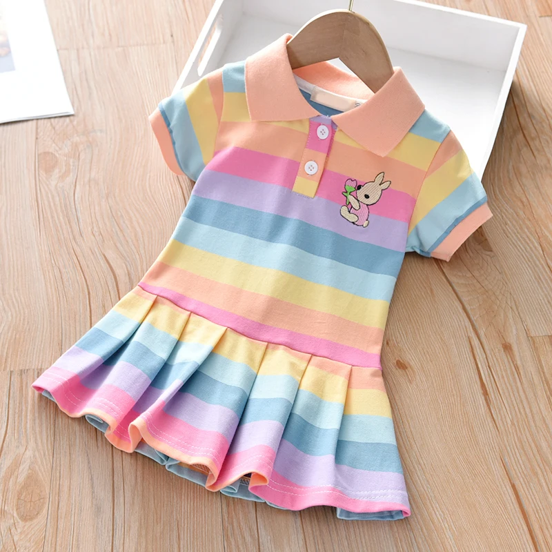 New Cute Bunny Decoration Baby Girls Dress Rainbow Colorful Short Sleeve Princess Soft Cotton Dress