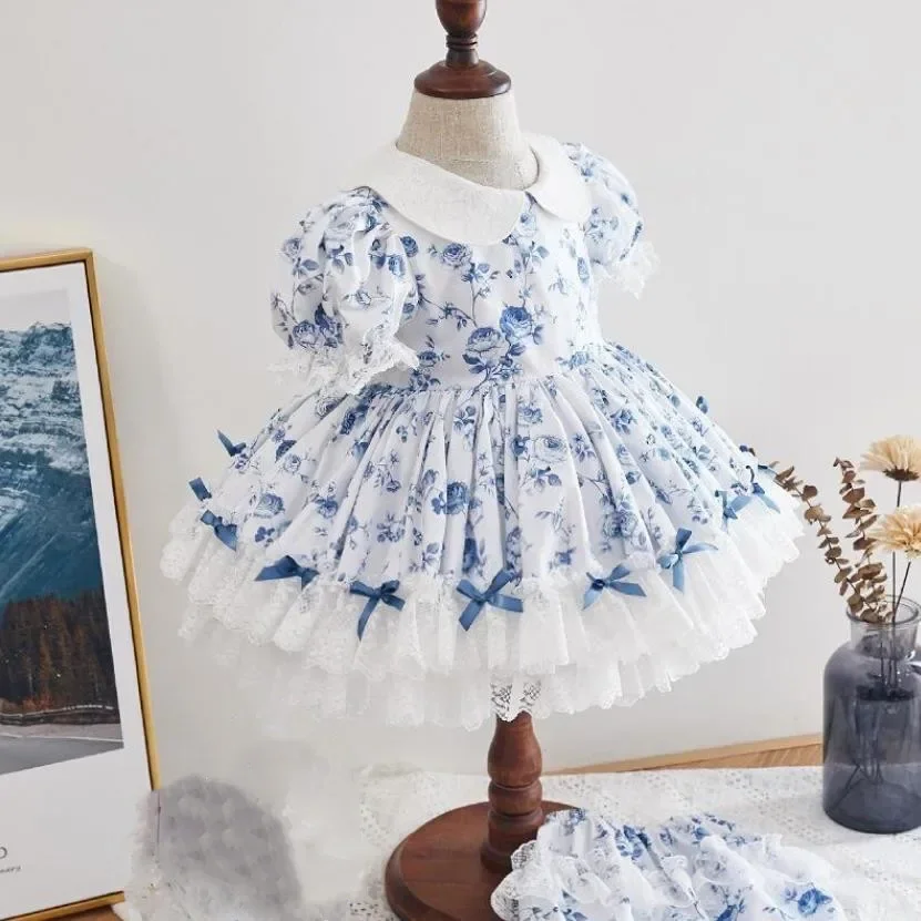 

2PCS Baby Clothing Summer Spanish Lolita Ball Gown Lace Bow Print Design Turkey Vintage Princess Dresses For Girls Eid