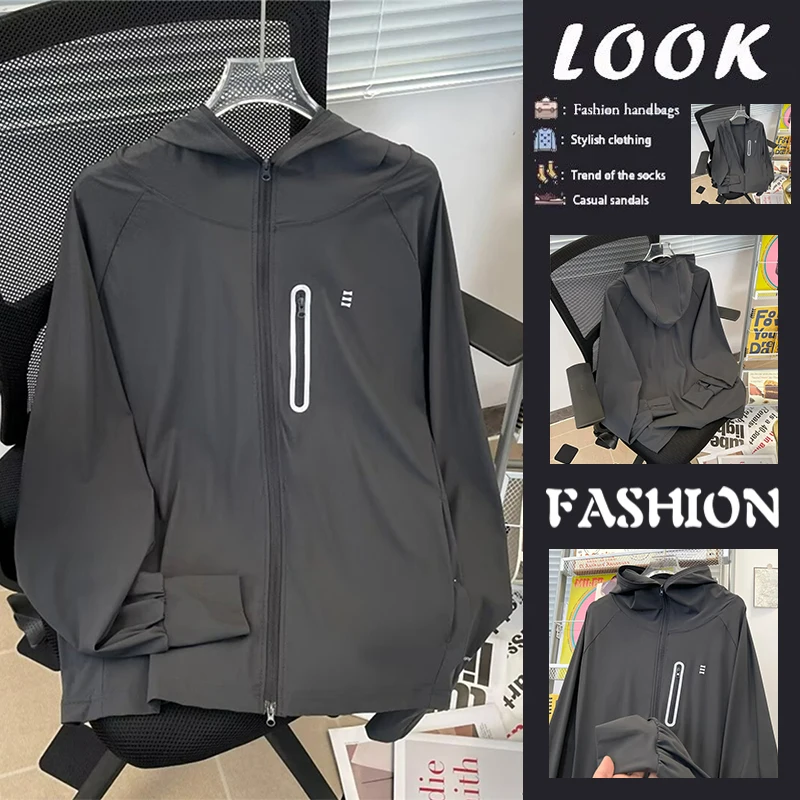 

Casual Ice Silk Lightweight Breathable Retro American Style UV Protection Clothing Zipper Design Long Sleeve Hooded Commute R...