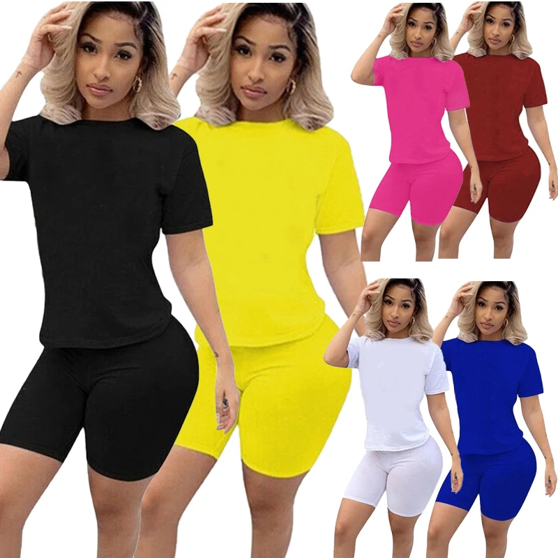 Womens Fashion Short Sleeve T-shirt and Tight-fitting Shorts 2pc Set Tracksuit Ladies Sports Jogging Suits Outfit