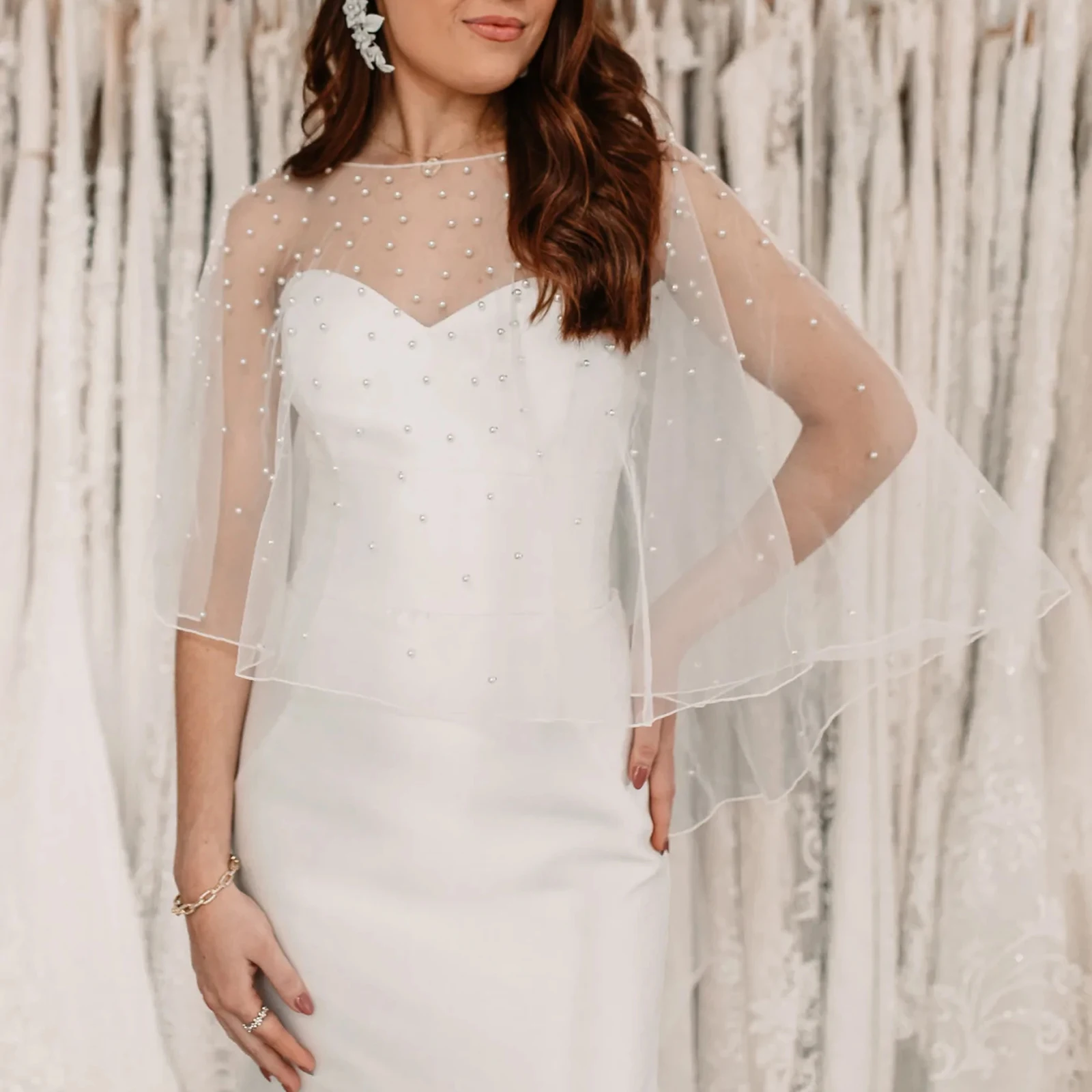Women Pearl Beaded Tulle Bridal Bolero Cape Poncho Sheer Sleeveless Wedding Evening Party Dress Cover Up High Low Pullover GP27