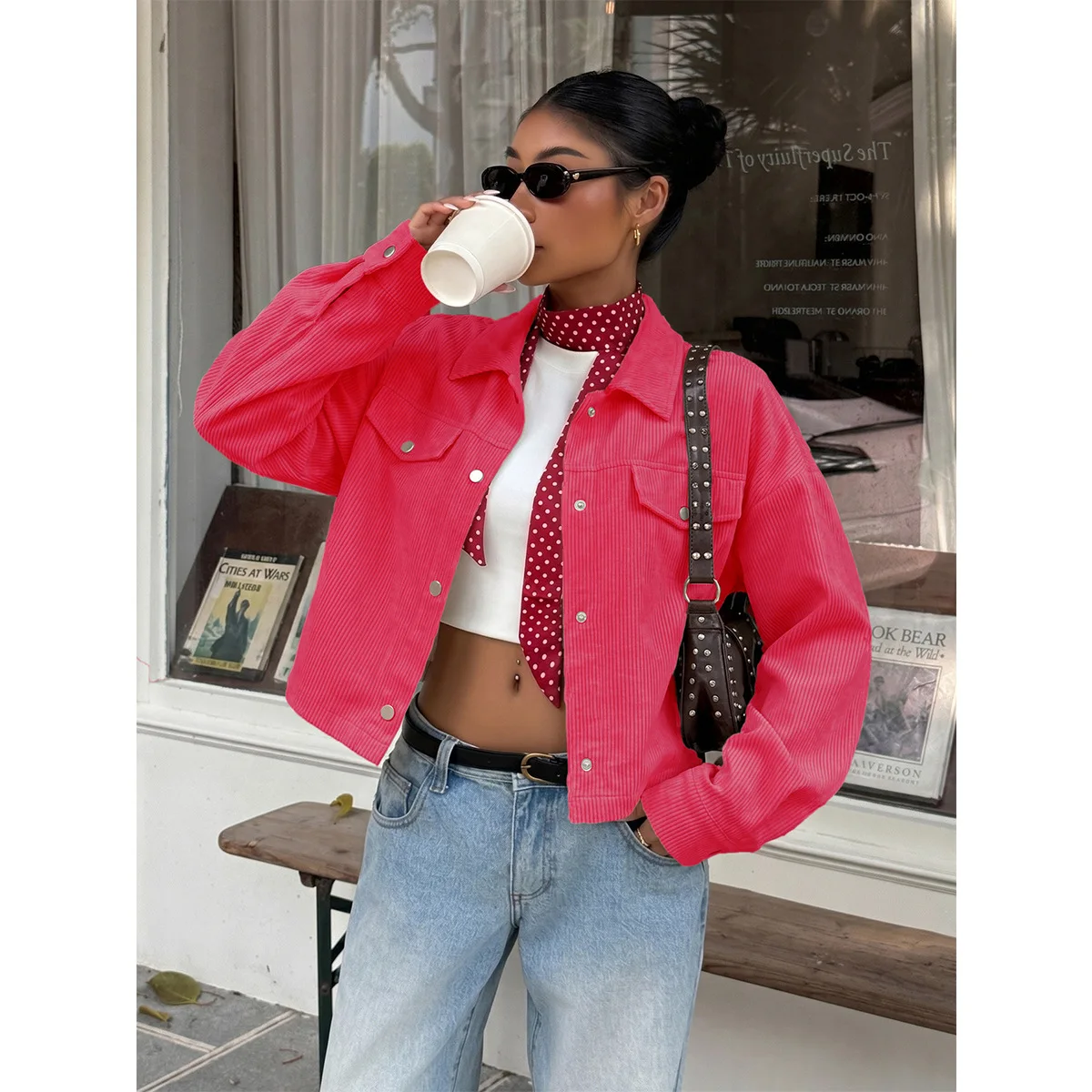 Plus-size Women's Corduroy Short Jacket With A Lapel. Necklace Single-breasted Design, Loose Fit, And Dropped. Shoulders, Perfec